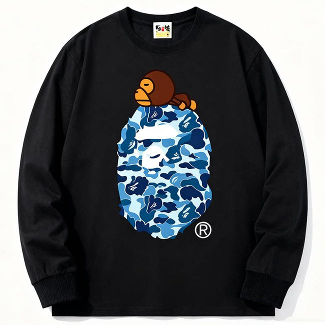 BAPE Style Baby Milo on Camo Ape Head Long-Sleeve Tee - Black/Blue Hover Image