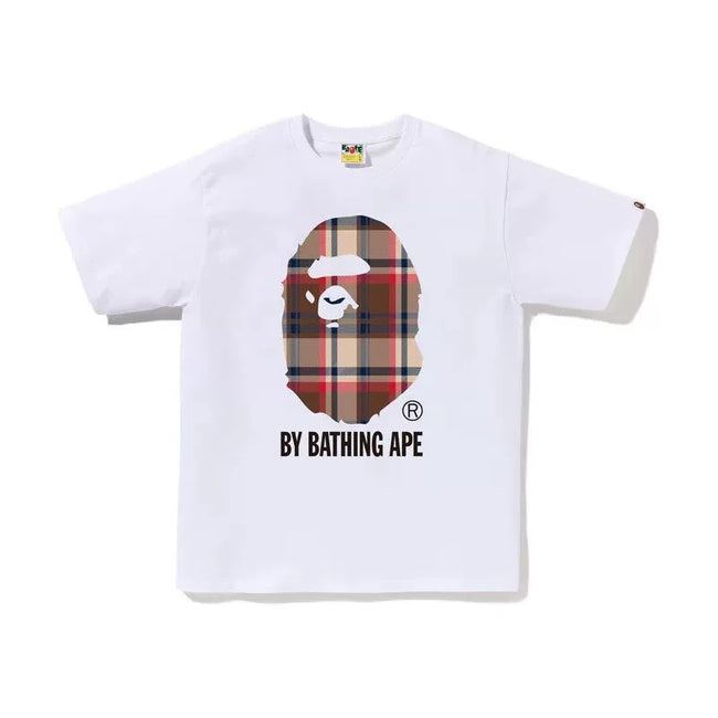BAPE Style Tartan Plaid Big Ape Head Short-Sleeve Tee - White/Red Hover Image
