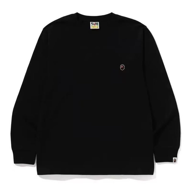 BAPE Style Minimalist Embroidered Ape Head Long-Sleeve Tee - Solid Black Hover Image