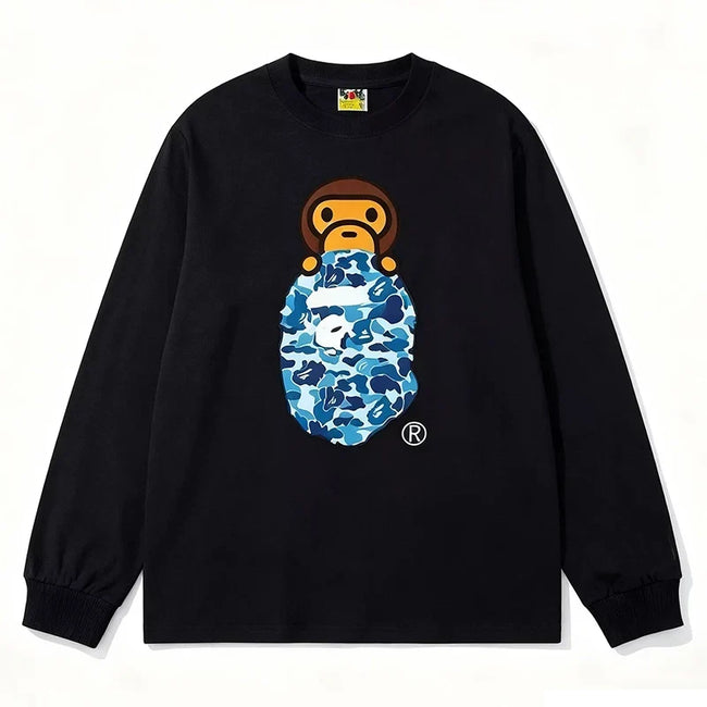 BAPE Style Baby Milo Peeking on Camo Ape Head Long-Sleeve Tee - Black/Blue Hover Image