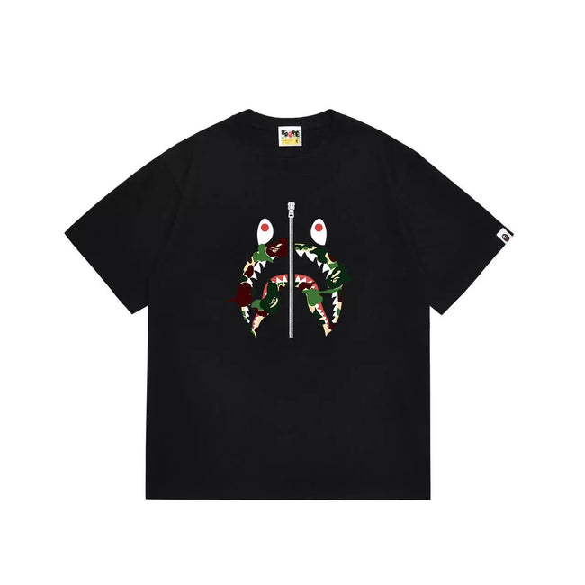 BAPE Style Camo Shark Full-Zip Motif Short-Sleeve Tee - Black/Classic Green Hover Image