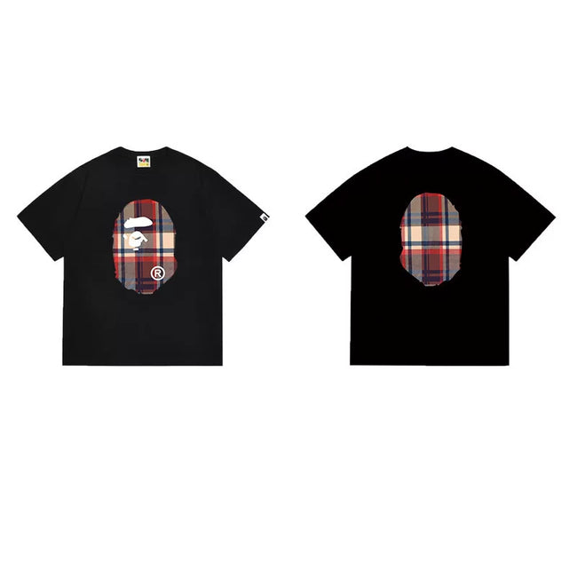 BAPE Style Tartan Plaid Ape Head Short-Sleeve Tee - Black Hover Image