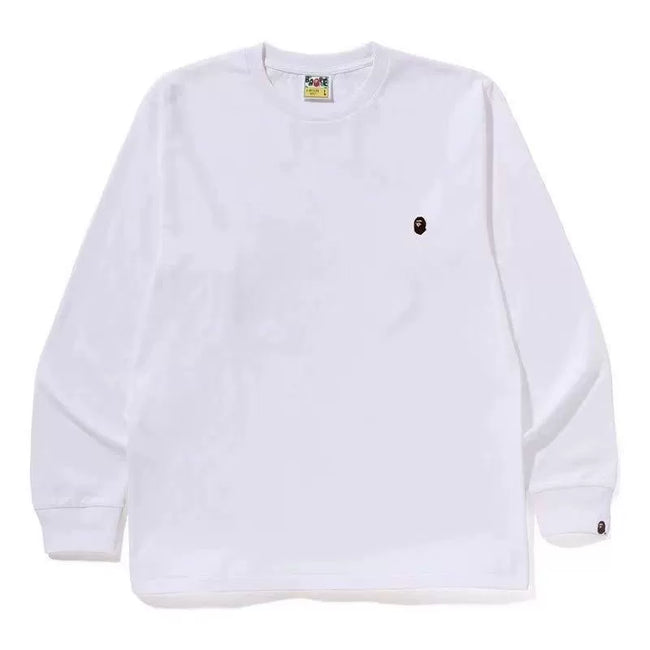 BAPE Style Minimalist Embroidered Ape Head Long-Sleeve Tee - Solid White Hover Image