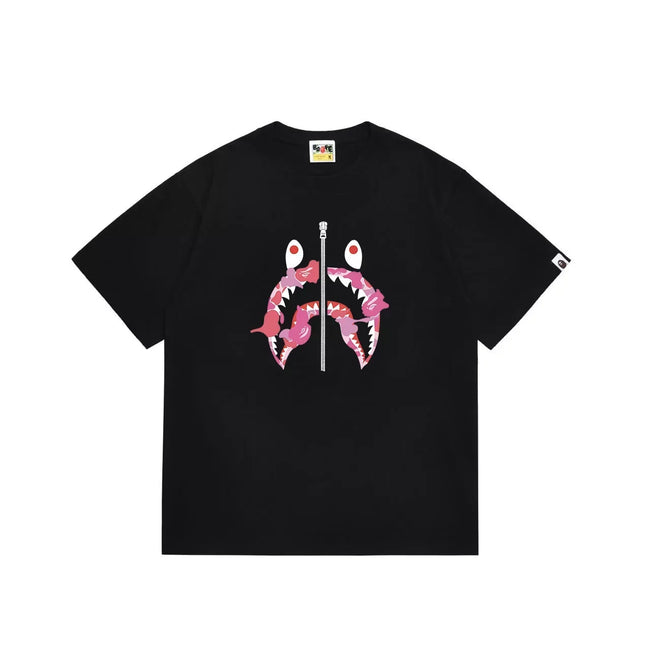 BAPE Style Camo Shark Full-Zip Motif Short-Sleeve Tee - Black/Pink Hover Image