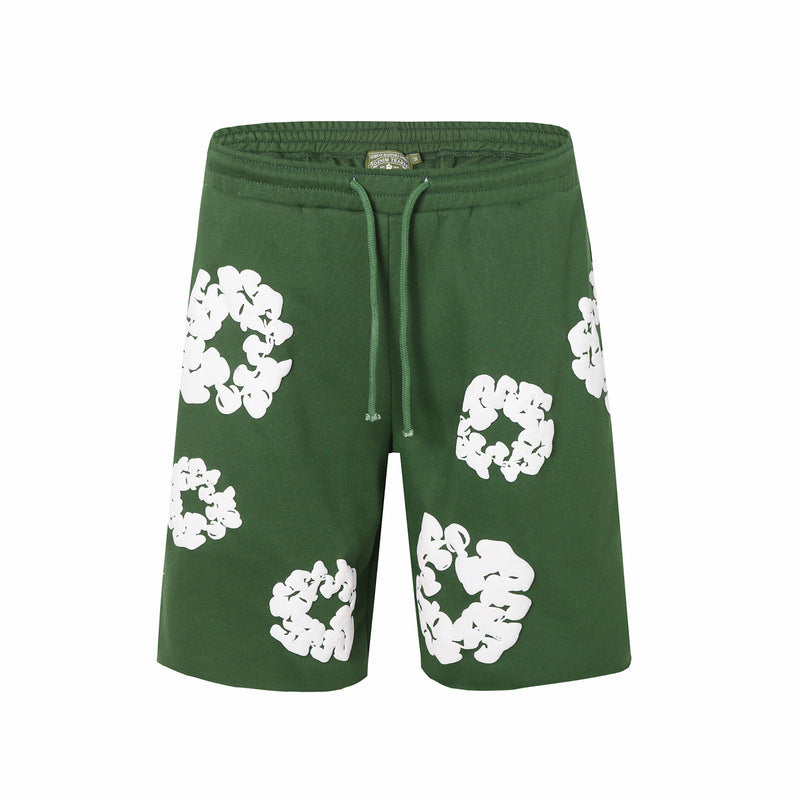 Denim Tears Green Cotton Sweat Shorts With White Textured Flower Wreath Print
