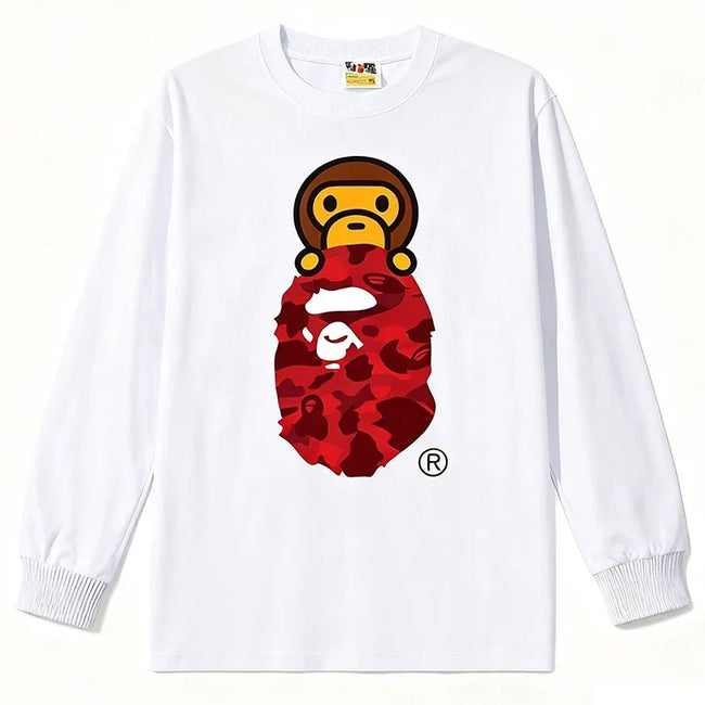 BAPE Style Baby Milo Peeking on Camo Ape Head Long-Sleeve Tee - White/Red Hover Image