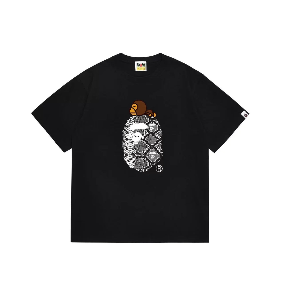 BAPE Style Snake Print & Baby Ape Head Short-Sleeve Tee - Black