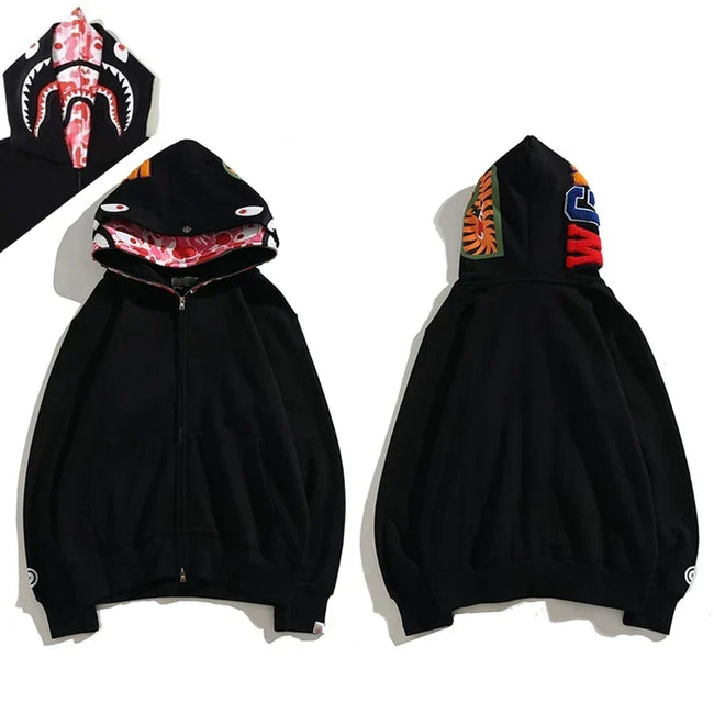 BAPE Style Solid Black Shark Full-Zip Hoodie - Camo Interior Hover Image