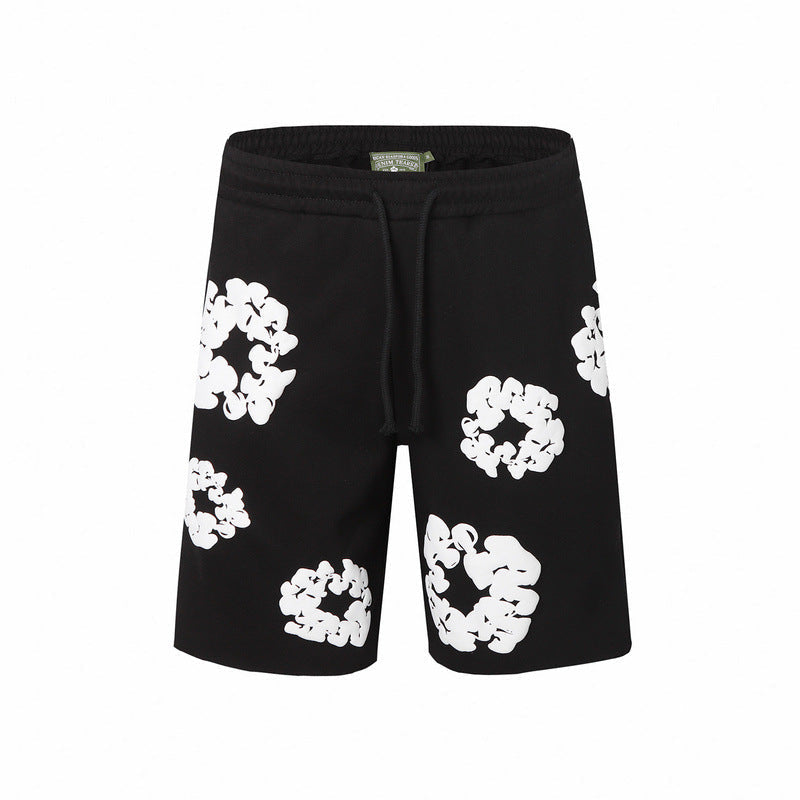 Denim Tears Black Cotton Sweat Shorts With White Textured Flower Wreath Print
