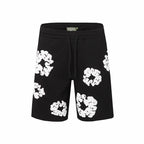 Denim Tears Black Cotton Sweat Shorts With White Textured Flower Wreath Print