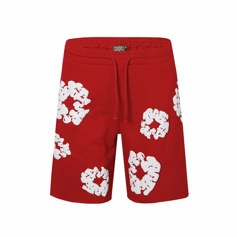 Denim Tears Red Cotton Sweat Shorts With White Textured Flower Wreath Print