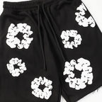 Denim Tears Black Cotton Sweat Shorts With White Textured Flower Wreath Print