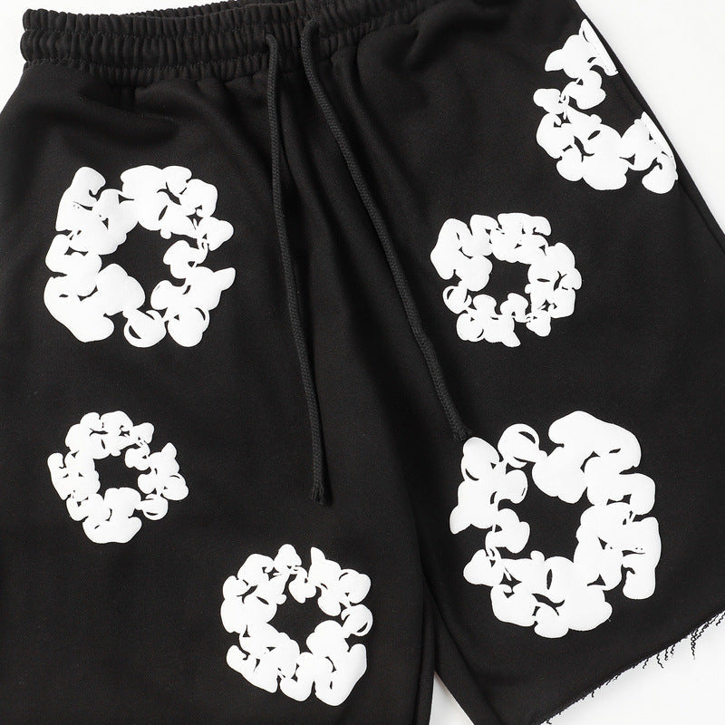 Denim Tears Black Cotton Sweat Shorts With White Textured Flower Wreath Print