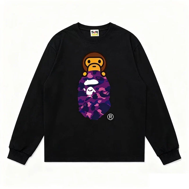 BAPE Style Baby Milo Peeking on Camo Ape Head Long-Sleeve Tee - Black/Purple Hover Image