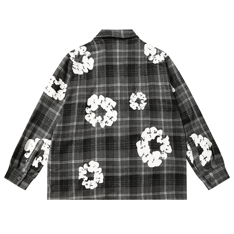 Denim Tears Black and gray checkered white wreath print loose long-sleeve shirt