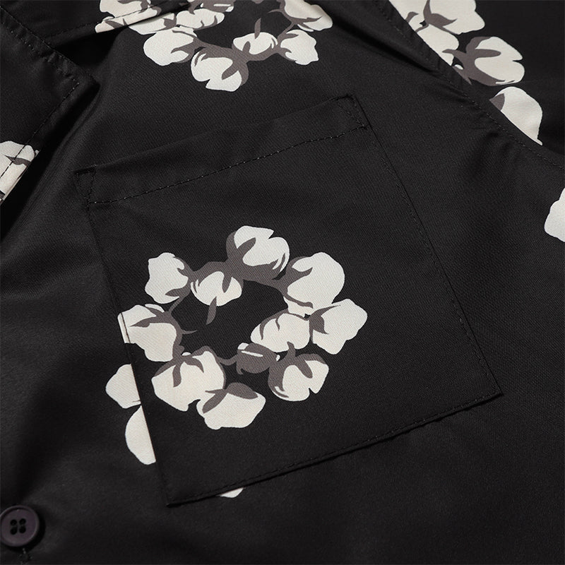 Denim Tears Black White Floral Wreath Print Camp Collar Shirt & Drawstring Shorts