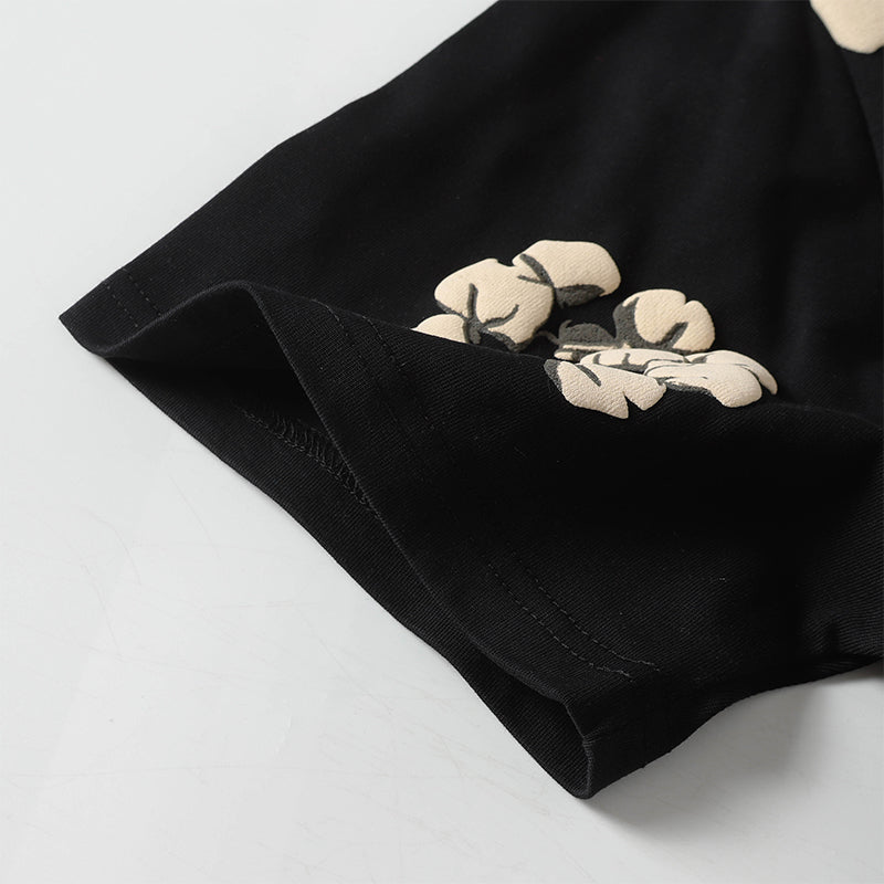 Denim Tears Black Oversized Short Sleeve Tee With All Over Beige Flower Wreath Print