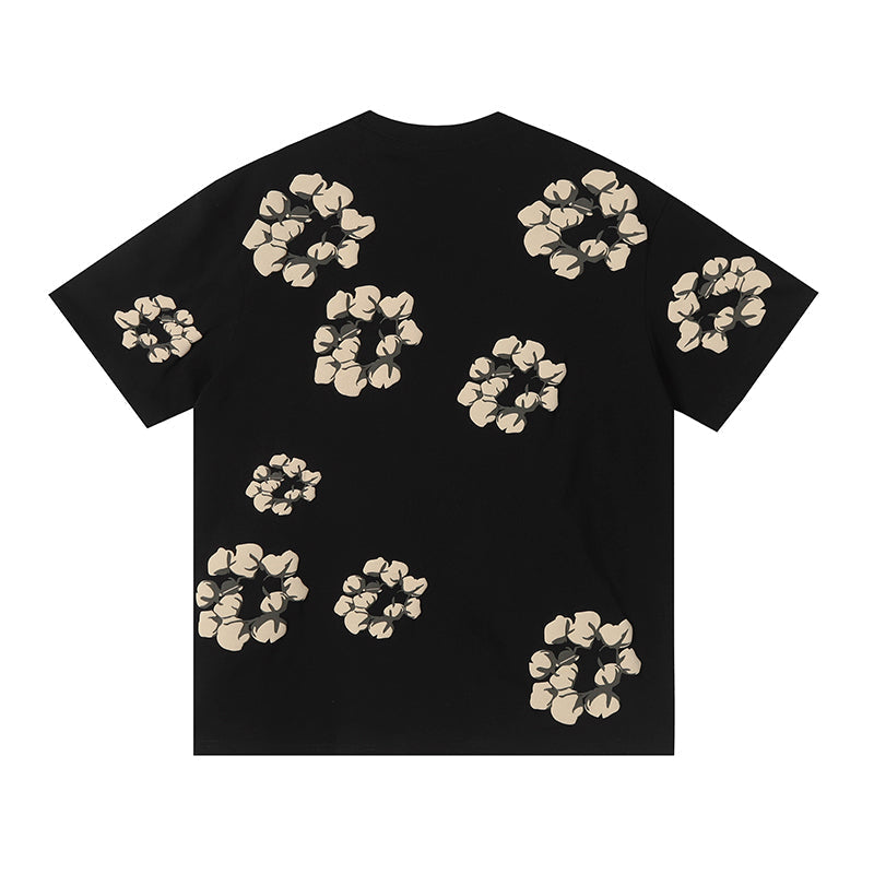 Denim Tears Black Oversized Short Sleeve Tee With All Over Beige Flower Wreath Print