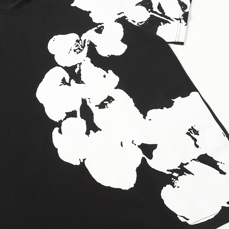 Denim Tears Black Oversized Short Sleeve T-Shirt With Asymmetrical White Floral Print