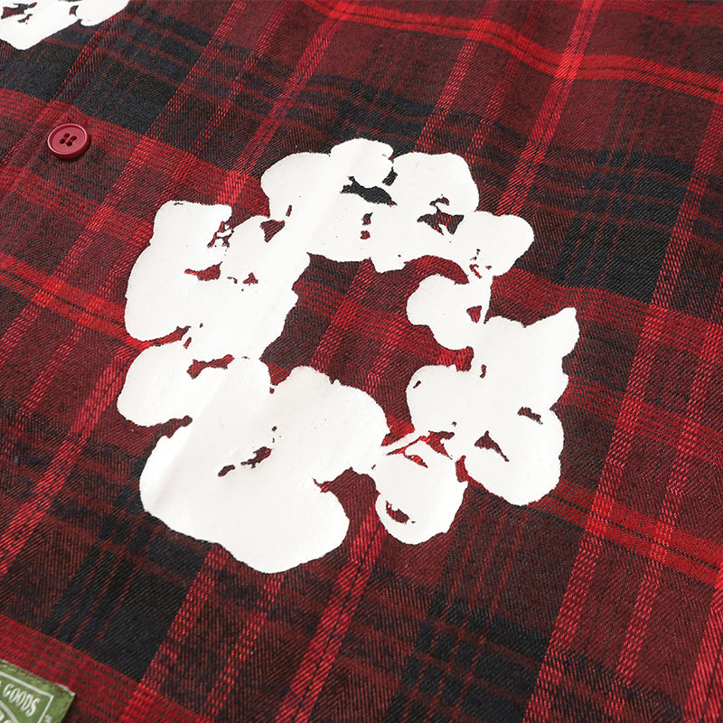 Denim Tears Red and black checkered white wreath printed loose long-sleeved shirt