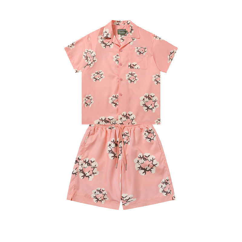 Denim Tears Pink Floral Wreath Print Camp Collar Short Sleeve Shirt & Drawstring Shorts