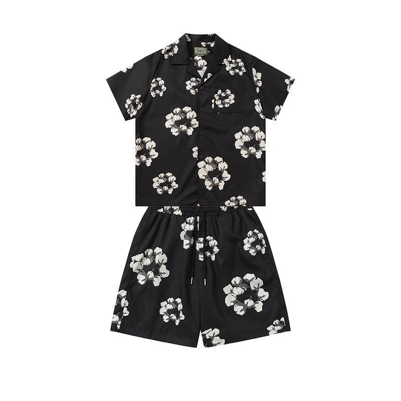 Denim Tears Black White Floral Wreath Print Camp Collar Shirt & Drawstring Shorts